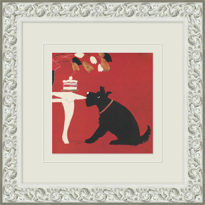 Decorative Framed Art - Black Terrier and Cake on Red Ornate White Frame Wall Art - story1