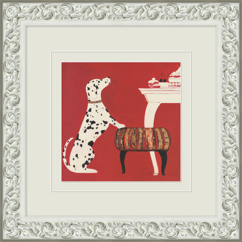 Decorative Framed Art - Dalmatian and Cherry Cakes on Red Ornate White Frame Wall Art - main