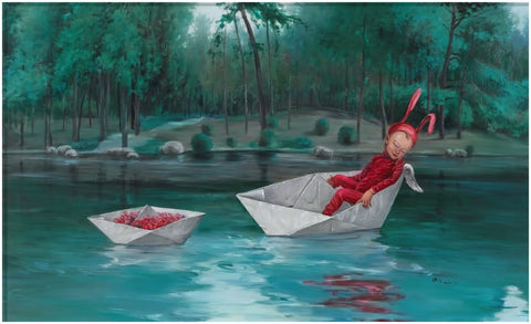 Surreal Oil Painting - Sleeping Bunny Child in a Paper Boat Statement Canvas - main