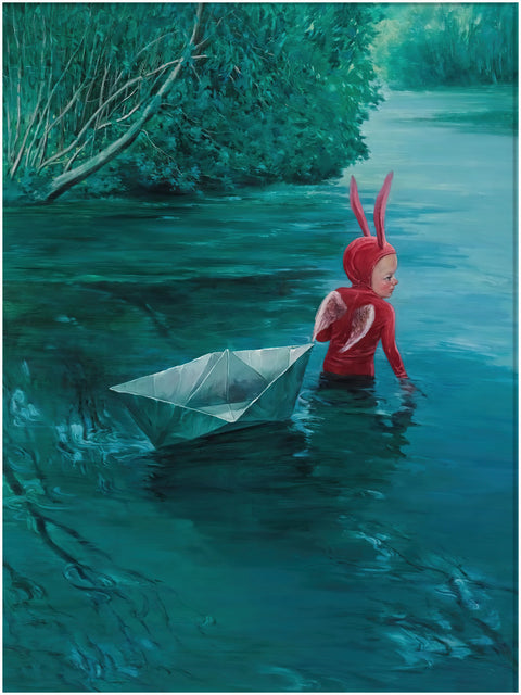 Surreal Oil Painting - Winged Bunny Child Wading with a Paper Boat Statement Canvas - main