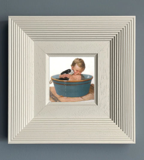Vintage Framed Print - Baby and Puppy in a Washtub White Ridged Frame Wall Art - main