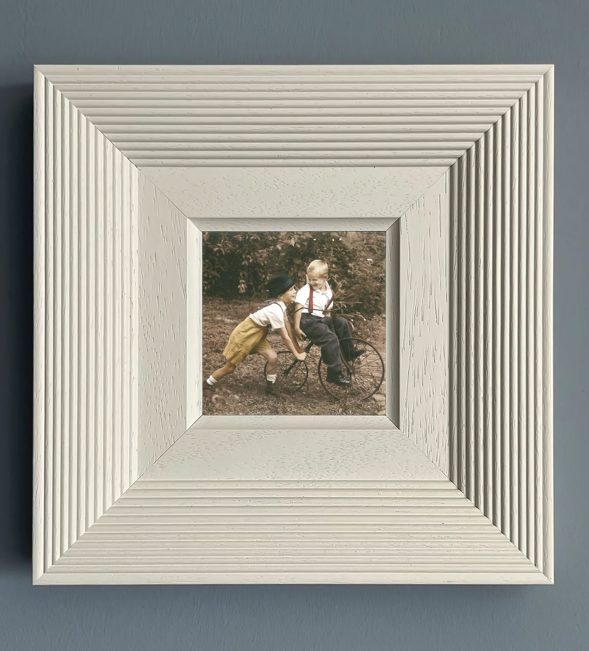 Vintage Framed Print - Children with a Bicycle Sepia White Ridged Frame Wall Art
