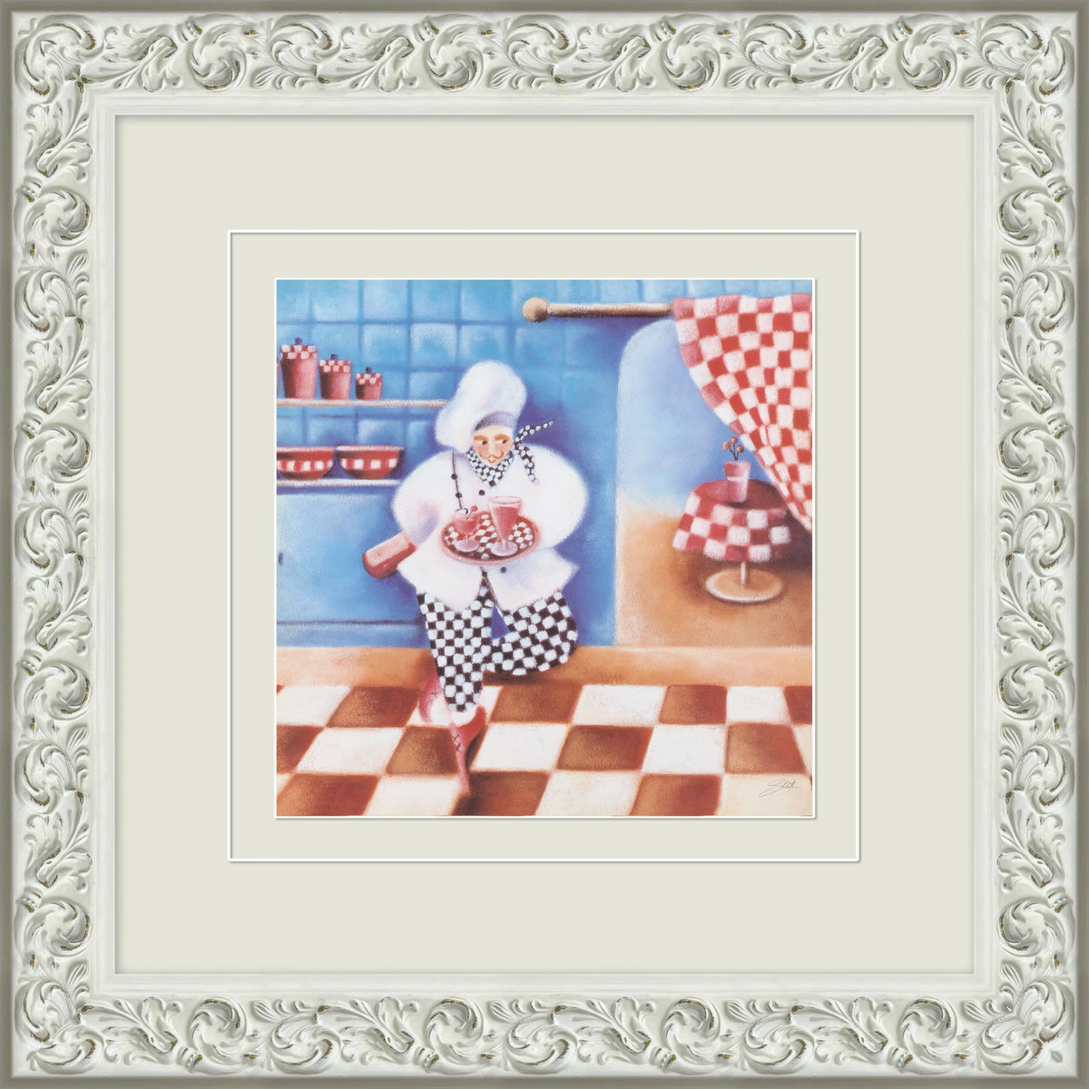 Decorative Framed Art - Dancing Chef in Retro Kitchen Ornate White Frame Wall Art