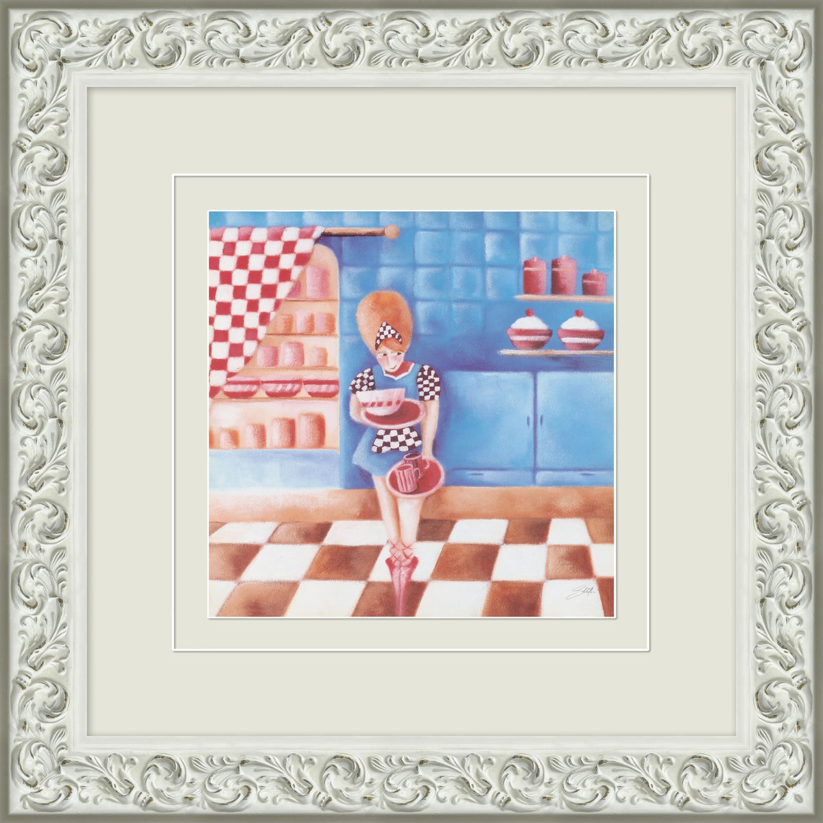 Decorative Framed Art - Waitress in Retro Kitchen Ornate White Frame Wall Art
