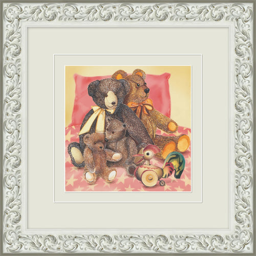 Decorative Framed Art - Teddy Bear Family on Pink Ornate White Frame Wall Art - main