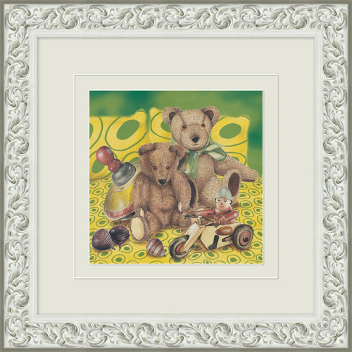Decorative Framed Art - Teddy Bears and Vintage Toys on Green Ornate White Frame Wall Art - main